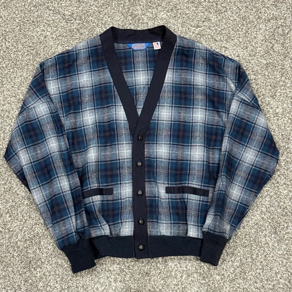 Vintage 70s 80s Pendleton Virgin Wool Cardigan Sweater Mens L Blue Plaid USA VTG